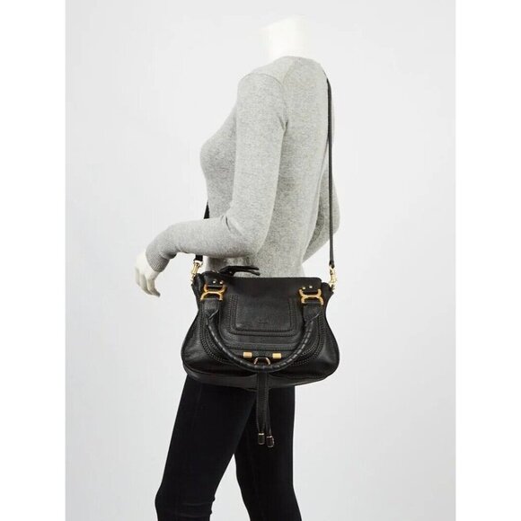 Chloe Dark Navy Pebbled Leather Marcie Satchel Womens Bags Size Medium Authentic - Picture 1 of 15